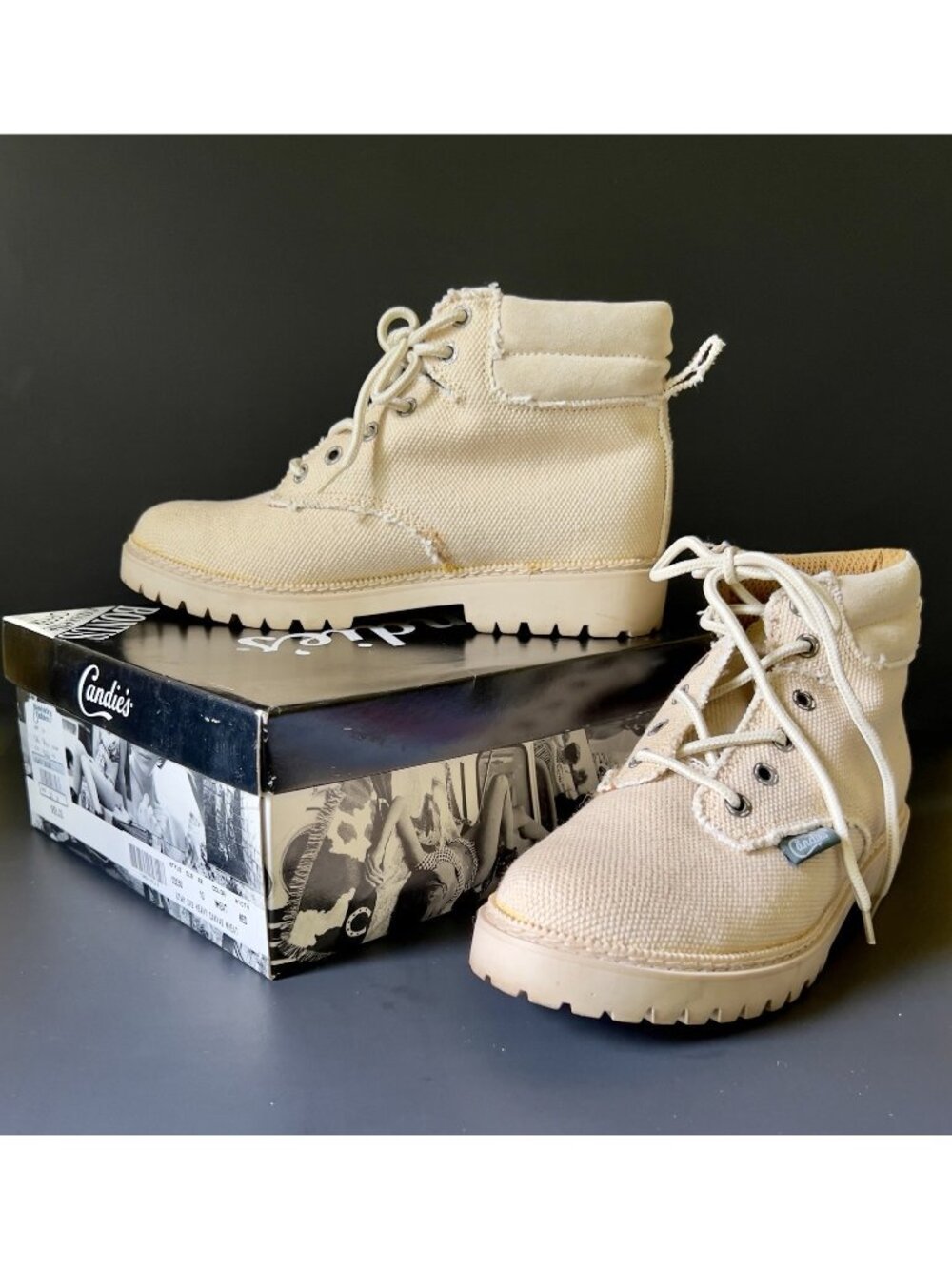 Vintage 90s Candies Canvas Combat Boots Womens Size 10 Wheat Beige Lug Sole Box